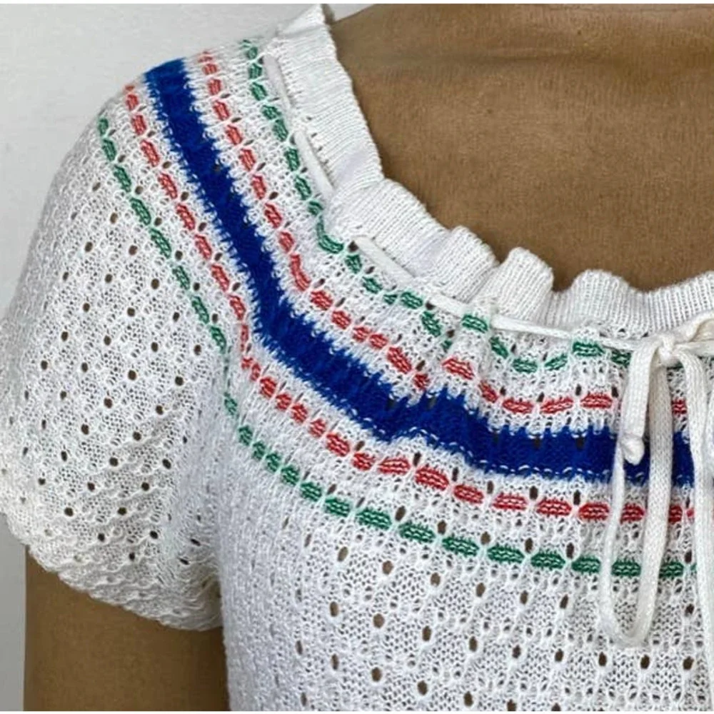 Vintage Crocheted Peasant Blouse Short Sleeve Knit Top - Picture 9 of 11